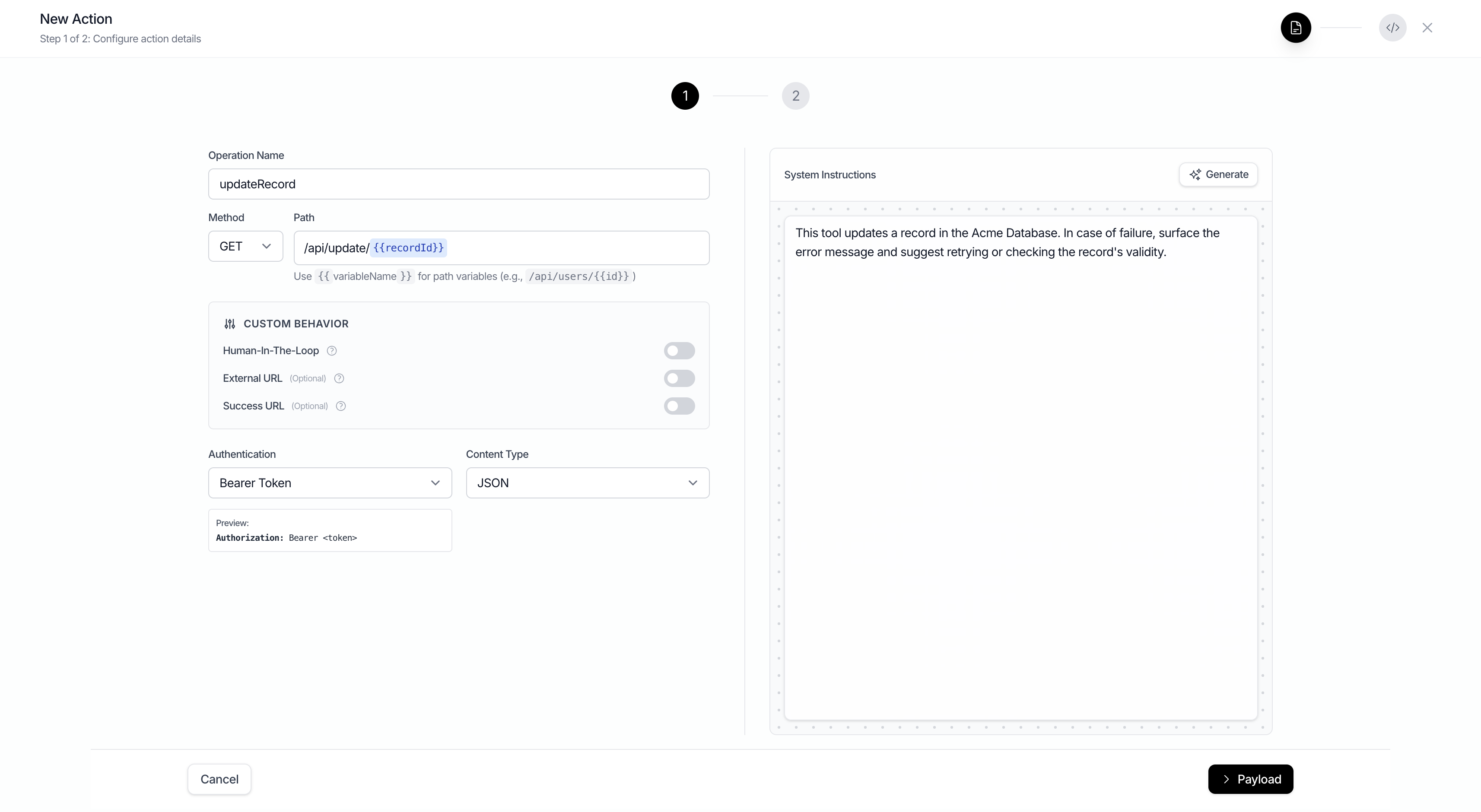 Create an Action in Meebly Dashboard